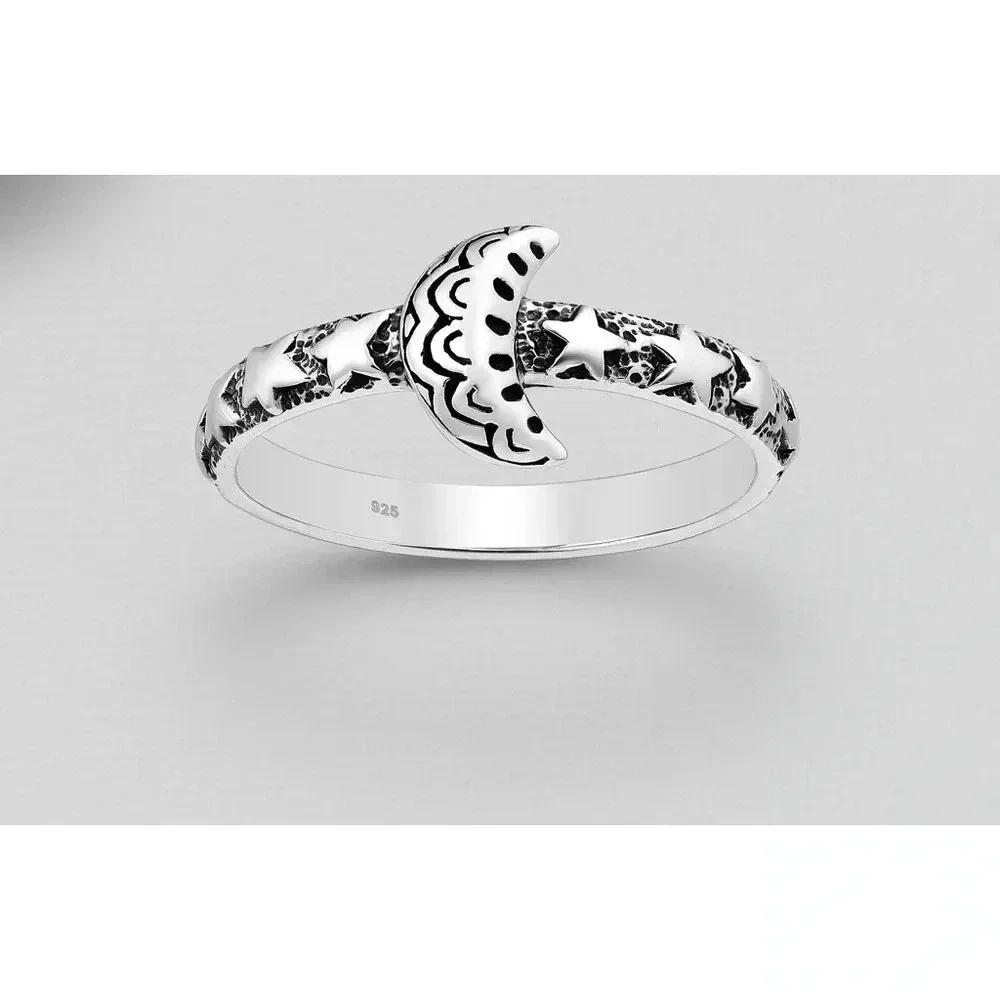 925 Sterling Silver Oxidized Moon and Star Ring - Picture 4 of 9